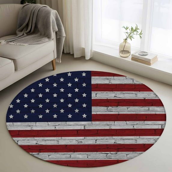 4Ft Round Rug, American Flag Non-Skid Rubber Backing Large Area Rugs - Living Room Bedroom Home Office, Vintage Brick Wall Star Striped Red Blue Indoor Floor Mat Carpets Washable Rug