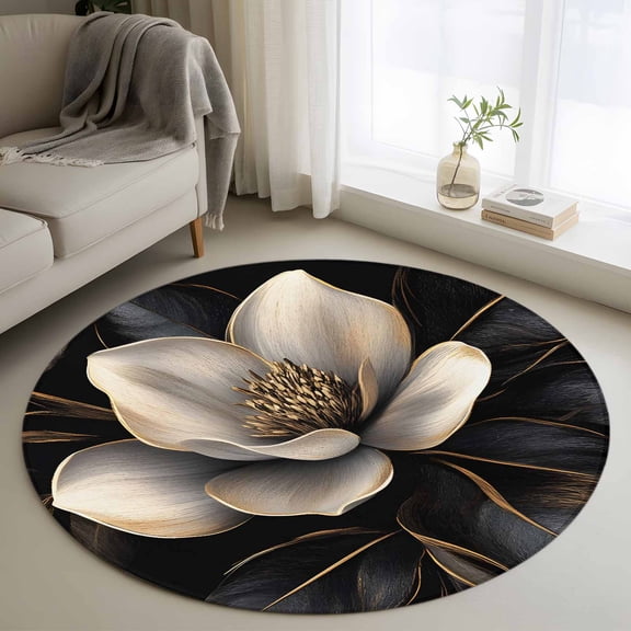 4Ft Round Rug, Black Gold Flower Non-Skid Rubber Backing Large Area Rugs - Living Room Bedroom Home Office, Gradient Luxurious Floral Botanical Indoor Floor Mat Carpets Washable Rug