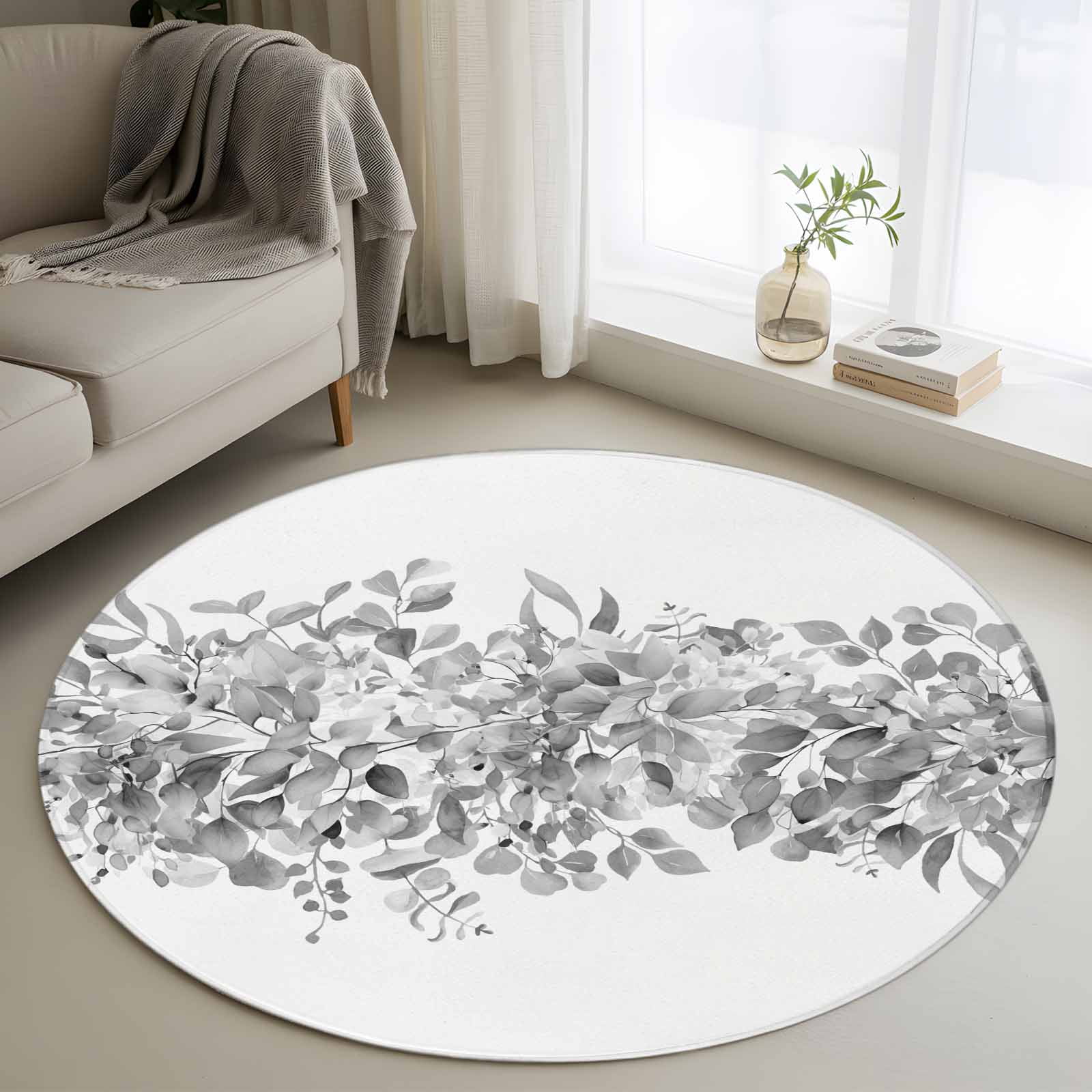 4Ft Round Rug, Black Grey Eucalyptus Leaves Non-Skid Rubber Backing ...