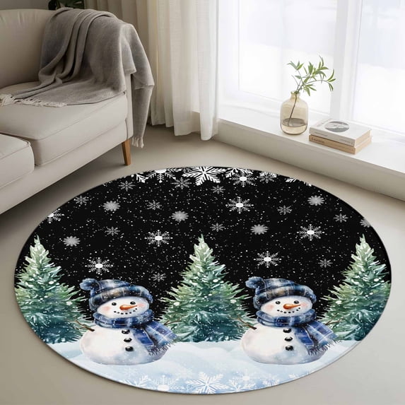 4Ft Round Rug, Black Snowman Christmas Non-Skid Rubber Backing Large ...