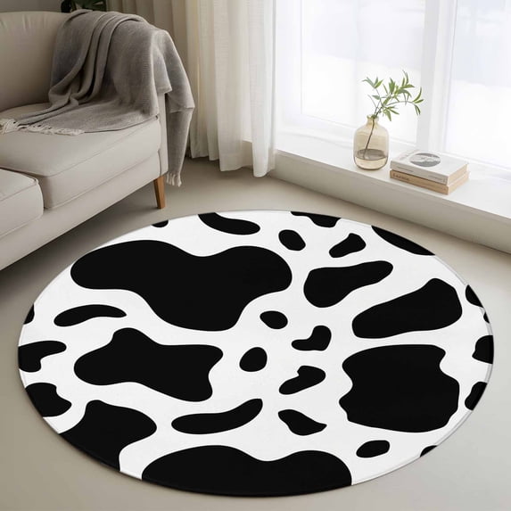 4Ft Round Rug, Black and White Non-Skid Rubber Backing Large Area Rugs - Living Room Bedroom Home Office, Farmhouse Cow Black White Indoor Floor Mat Carpets Washable Rug