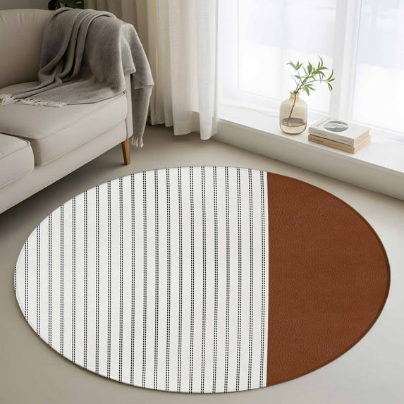 4Ft Round Rug, Boho Brown Leather Texture Non-Skid Rubber Backing Large ...
