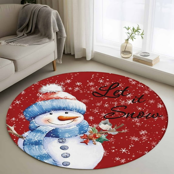 4Ft Round Rug, Christmas Snowman Non-Skid Rubber Backing Large Area Rugs - Living Room Bedroom Home Office, Xmas Birds Winter Snowflake Red Indoor Floor Mat Carpets Washable Rug