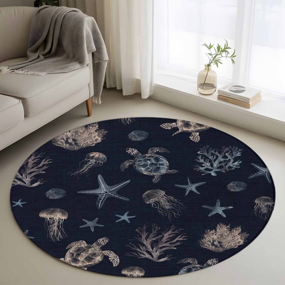4Ft Round Rug, Navy Blue Coastal Non-Skid Rubber Backing Large Area Rugs - Living Room Bedroom Home Office, Nautical Summer Beach Sea Turtle Starfish Indoor Floor Mat Carpets Washable Rug