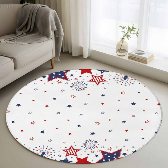 4Ft Round Rug, Red Blue Star 4th of July Non-Skid Rubber Backing Large ...