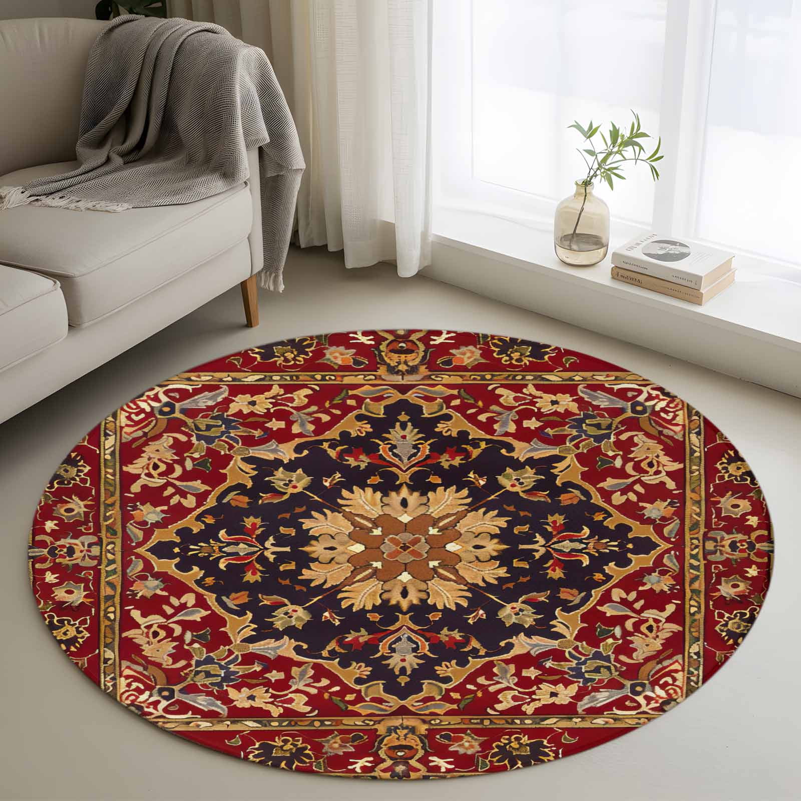4Ft Round Rug, Red Boho Non-Skid Rubber Backing Large Area Rugs ...