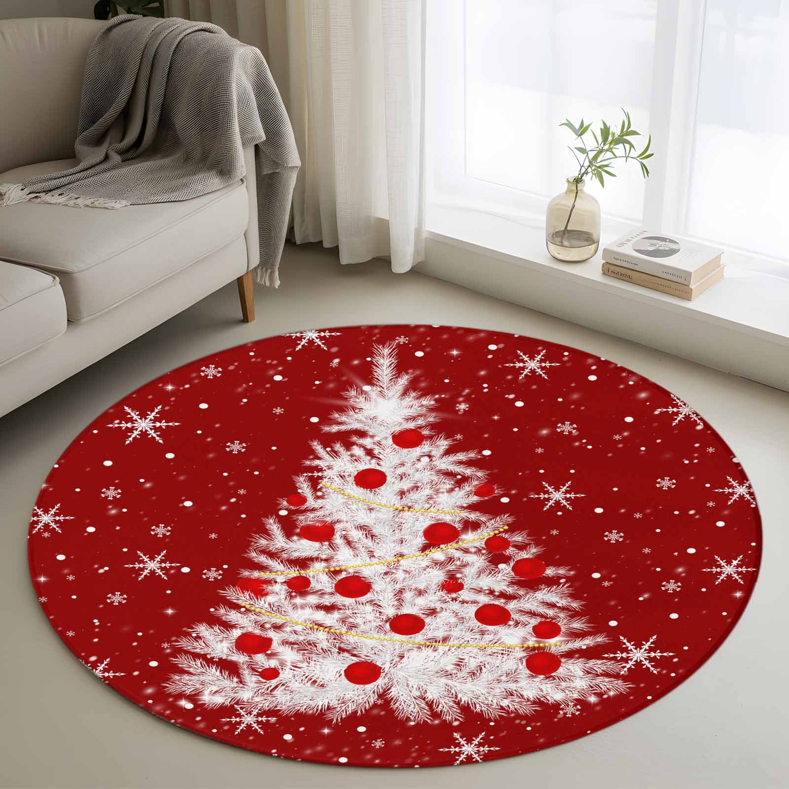 4Ft Round Rug, Red Christmas Tree Non-Skid Rubber Backing Large Area ...