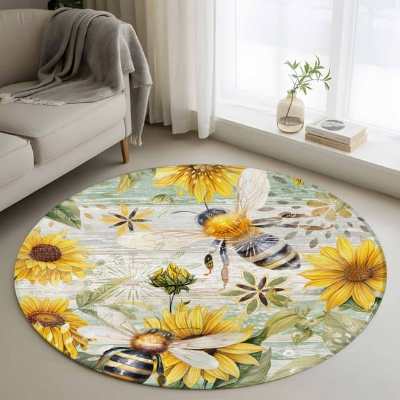 4Ft Round Rug, Sunflower Bee Non-Skid Rubber Backing Large Area Rugs - Living Room Bedroom Home Office, Vintage Summer Botanical Farmhouse Indoor Floor Mat Carpets Washable Rug