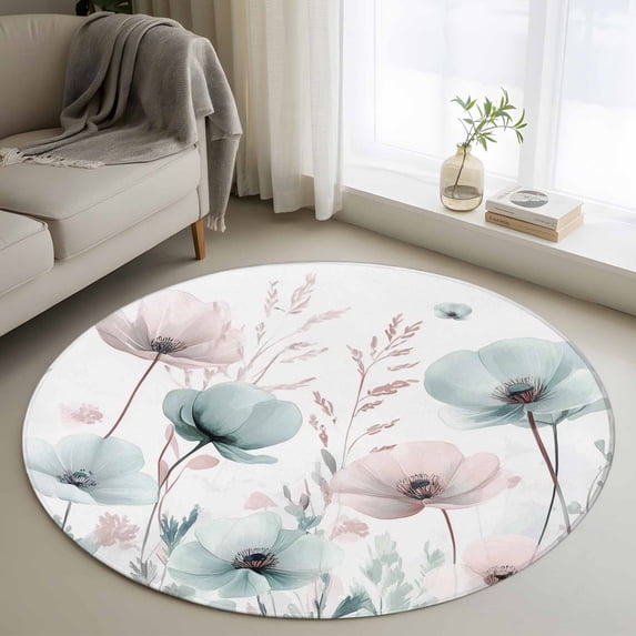 4Ft Round Rug, Teal Pink Spring Floral Non-Skid Rubber Backing Large Area Rugs - Living Room Bedroom Home Office, Summer Botanical Watercolor Indoor Floor Mat Carpets Washable Rug