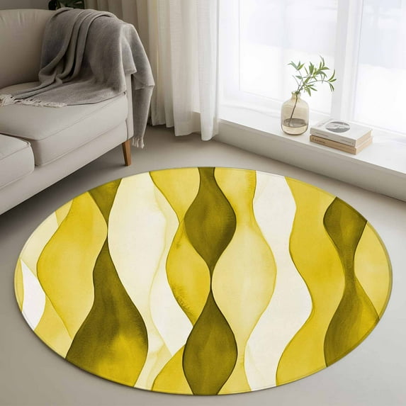 4Ft Round Rug, Yellow Stripes Non-Skid Rubber Backing Large Area Rugs - Living Room Bedroom Home Office, Retro Farmhouse Gradient Ripple Pattern Indoor Floor Mat Carpets Washable Rug