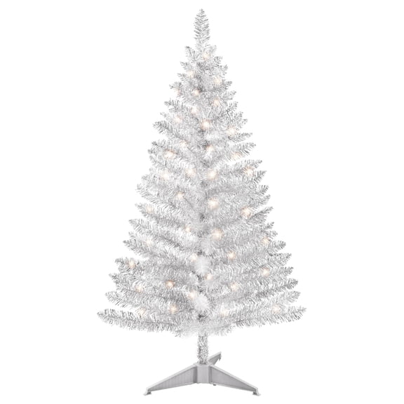 4Ft Silver Artificial Christmas Pine Tree, Tinsel, Three-Section Assembly, Includes Base