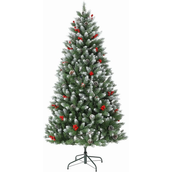 4Ft Snow Flocked Christmas Tree, Artificial Christmas Tree with Snow Effect Tips, Pine Cones, Holly Berries, Xmas Trees for Home Office Party Decoration