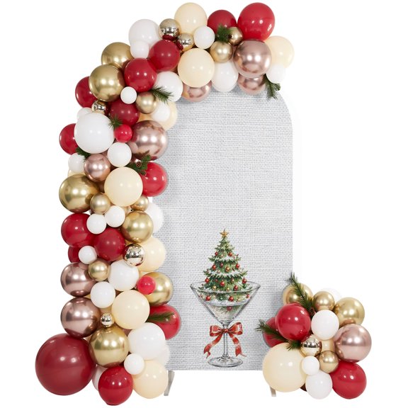 4Ft Spandex Boho Arch Backdrop Cover, Mini Christmas Tree Martini Glass Red Bow Pattern Stretch Chiara Arch Cover for Wedding Birthday Decor