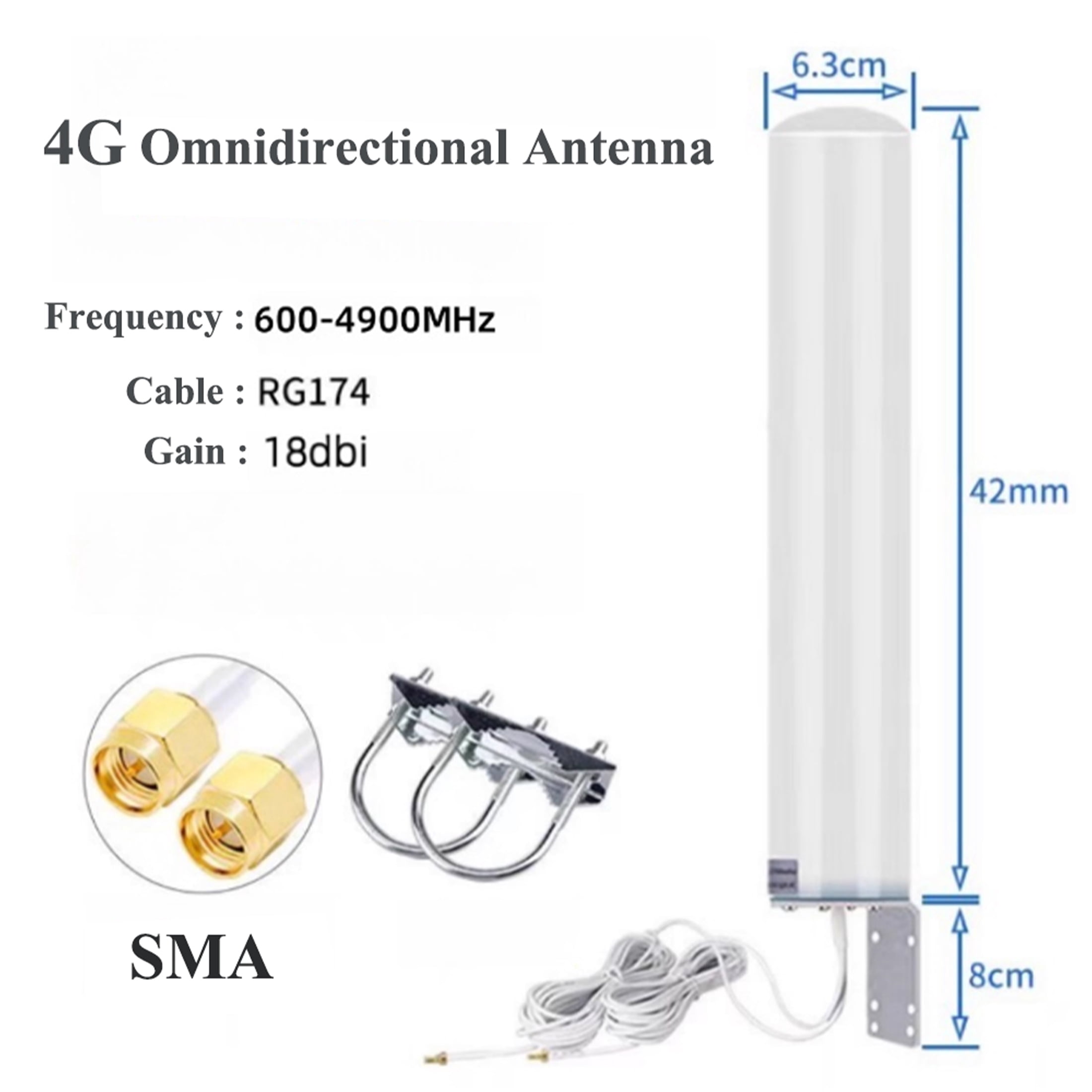 4G/5G Wideband Omnidirectional Antenna, 18dBi High Gain Outdoor Signal Booster with 5m Cable, IP67 Waterproof 360 Coverage