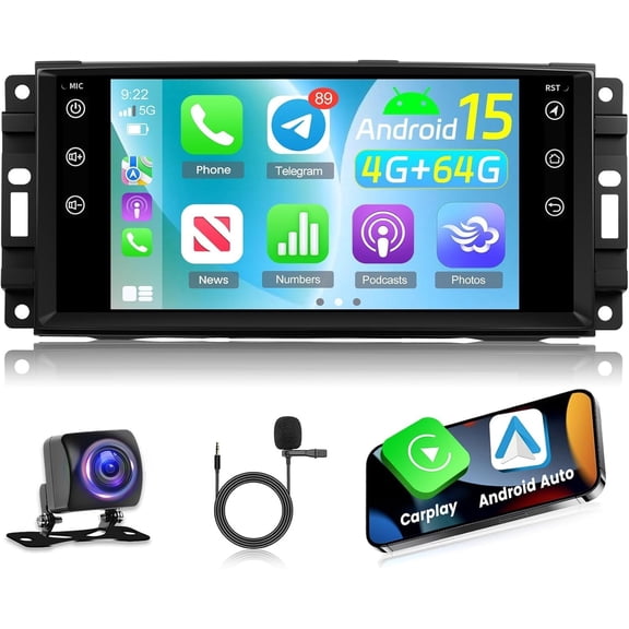 4G+64G Android Car Stereo for Jeep Wrangler JK 2007-2015 Dodge Ram 1500 2009-2011 with Wireless CarPlay Android Auto, 7 Inch Car Radio GPS Navigation WiFi SWC Bluetooth FM with Backup Camera