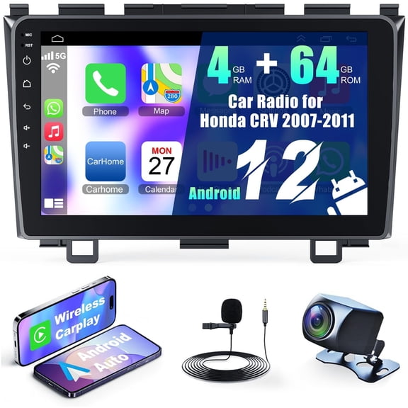 4G+64G Car Radio Stereo for Honda CRV 2007-2011, Wireless Carplay&Android Auto with Android 12 Support Bluetooth/Voice Control/GPS/WiFi/Back-up Camera/SWC/FM, 9 Inch IPS Touch Screen for Honda CRV
