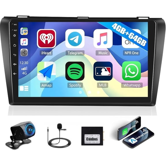 4G+64G Car Radio Stereo for Mazda 3 2004-2009 Android 15 CarPlay Android Auto 9" InCell 1280 * 720 Touch Screen Head Unit with Bluetooth GPS WiFi FM RDS Backup Camera