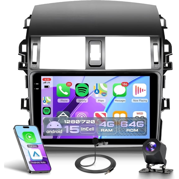 4G+64G Carplay Radio for Toyota Corolla 2009 2010 2011 2012 2013, Rimoody Android 15 Car Stereo Android auto GPS WiFi 9 Touch Screen BT/FM Mirror Link RCA USB SWC Backup Camera