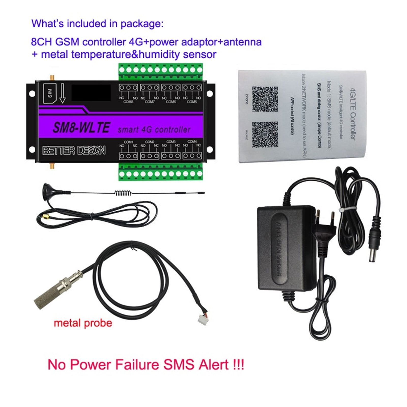 4G 8Ch Relay Switch GSM SMS LTE APP Remote Controller WithTemperature Humidity Sensor For Gate Opener Motor SM8-WLTE ,Smart WiFi Control