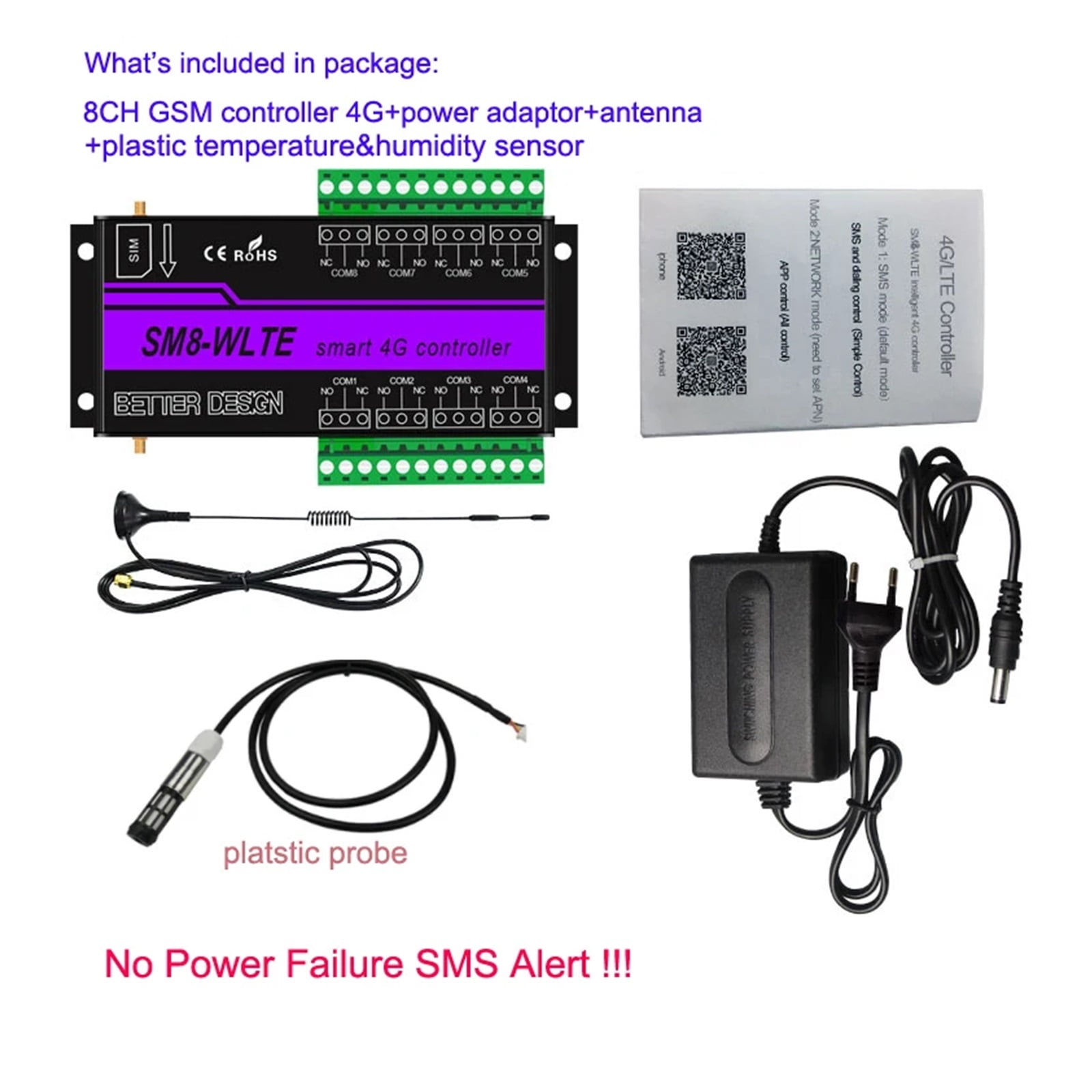 4G 8Ch Relay Switch GSM SMS LTE APP Remote Controller WithTemperature Humidity Sensor For Gate Opener Motor SM8-WLTE ,Smart WiFi Control