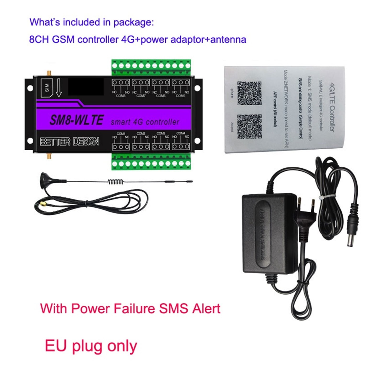 4G 8Ch Relay Switch GSM SMS LTE APP Remote Controller WithTemperature Humidity Sensor For Gate Opener Motor SM8-WLTE ,Smart WiFi Control