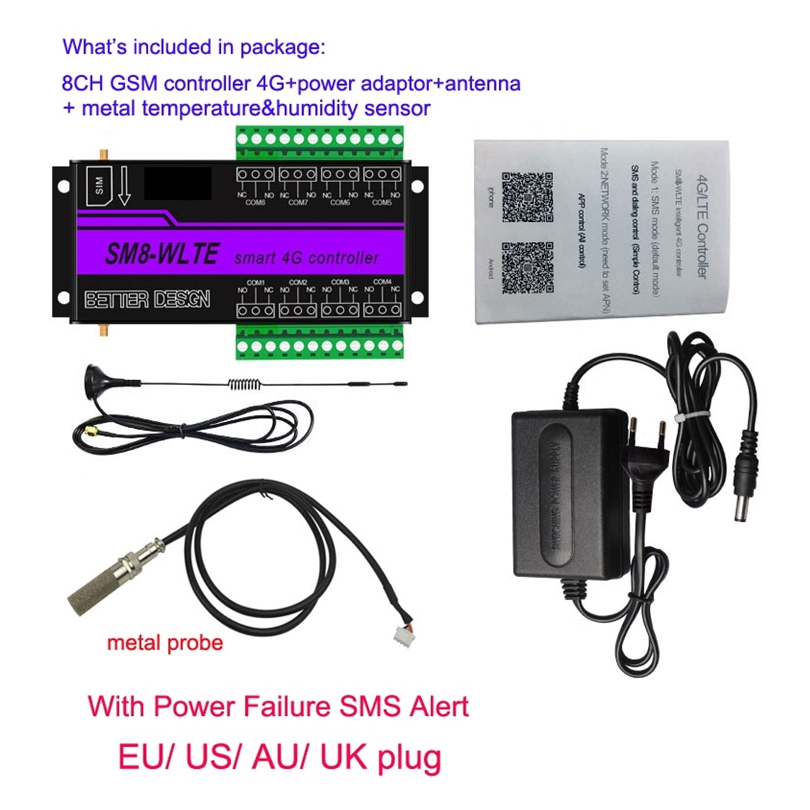 4G 8Ch Relay Switch GSM SMS LTE APP Remote Controller WithTemperature Humidity Sensor For Gate Opener Motor SM8-WLTE