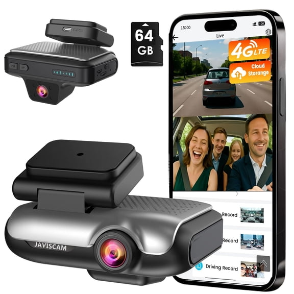 4G Car Security Camera, Dual LTE Dash Cam with 64GB Card, Front & Inside 2K Car Camera, Remote Live View, GPS, 24/7 Parking Mode, IR Night Vision, Two-Way Talk, App Alerts, Cloud/SD Storage, OBD Cabl