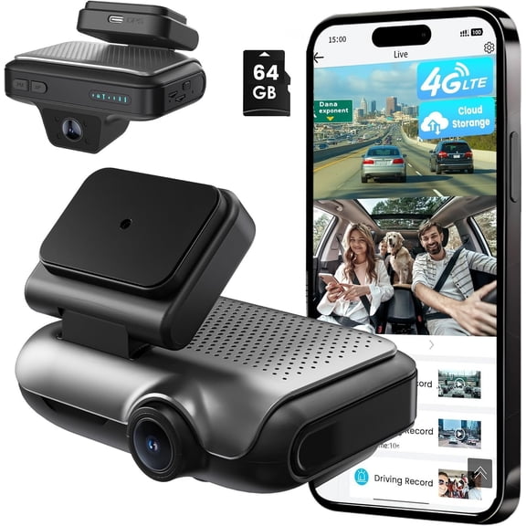4G Dash Cam Front and Inside, Dual LTE Dash Camera, Remote Live View Camera with 64GB TF Card, Quick App , Cloud Dash Cam, 24/7 Parking Mode, GPS, IR Night Vision, Two-Way Audio