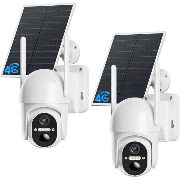 4G LTE Cellular Camera, 2 Pack Solar Outdoor Cameras No WiFi Needed for Farm&Ranch, 360? View, Night Vision, Includes SIM Card(Support /AT&T/T-Mobile) - White