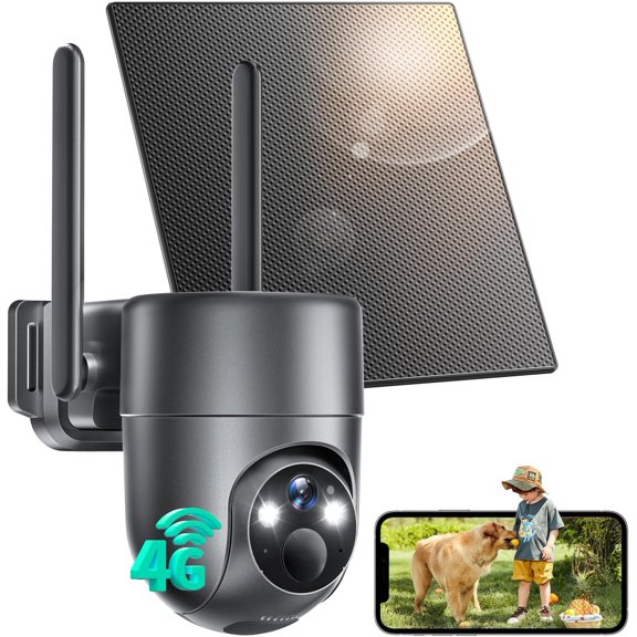 4G LTE Cellular Camera Outdoor , Camera No WiFi Need, Off Grid Cameras Solar for with SIM Card, Color Night Vision, 360? View, PIR Sensor, Gray
