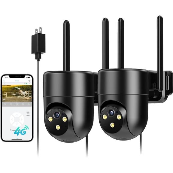 4G LTE Cellular Camera Wired, No WiFi Camera Outdoor Indoor, Plug-in for 24/7 Recording, Color Night Vision, 2-Way Talk, -in SIM Card, Black, 2 Pack