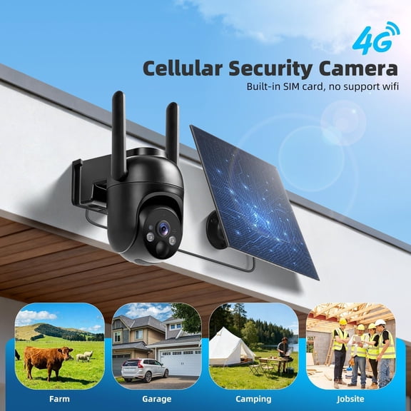4G LTE Cellular Security Camera 2-Pack, Solar Powered, No WiFi Needed, 2K Color Night Vision, 360 View, Motion Detection, Two-Way Audio, Easy Setup for Jobsite and Remote Areas