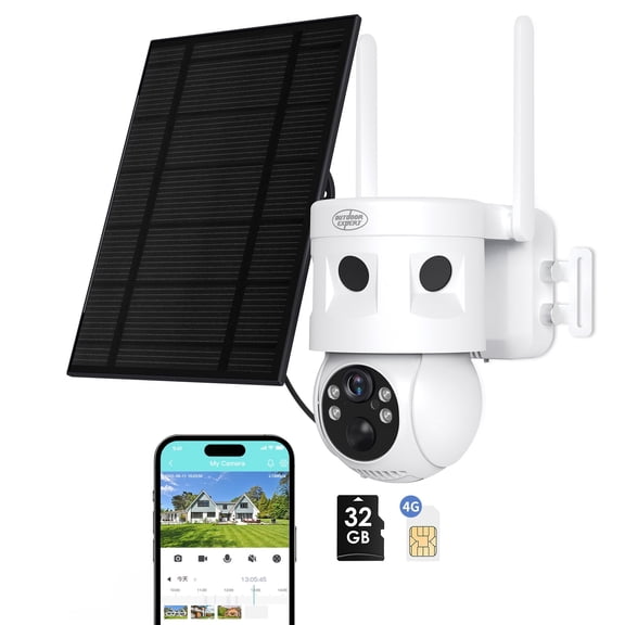 4G LTE Cellular Security Camera,2K /360 Live Stream Camera & 24/7 Recording,with 180 PIR Intrusion Detection and 7.5W Solar Panel by App Control,Inculdes 32G SD&SIM Card