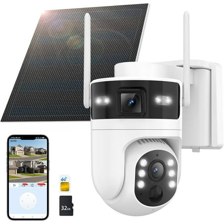 4G LTE Cellular Security Camera: Dual Lens Camara de Seguridad Wireless Outdoor, 360° Live View with 32G SD Card, Home Surveillance No WiFi, Solar Powered, 2K Color Night Vision,PIR Motion