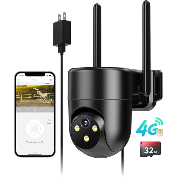 4G LTE Cellular Security Camera Outdoor Wired, No WiFi Security Camera, Plug-in for 24/7 Recording, 360 View, 2K Color Night Vision, 2-Way Talk, Built-in SIM Card and 32G Memory Card, Black