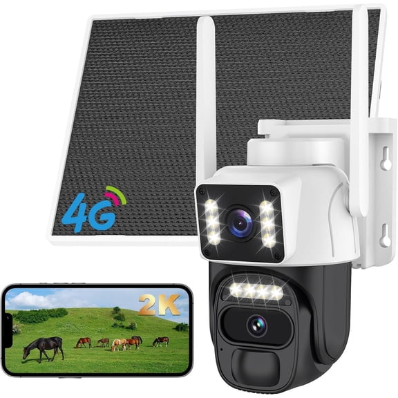 4G LTE Cellular Solar Camera Outdoor, No WiFi Dual Lens Camera, 360 Live View, Color Night Vision, AI PIR Motion Sensor, 2-Way Audio, Built in SIM Card