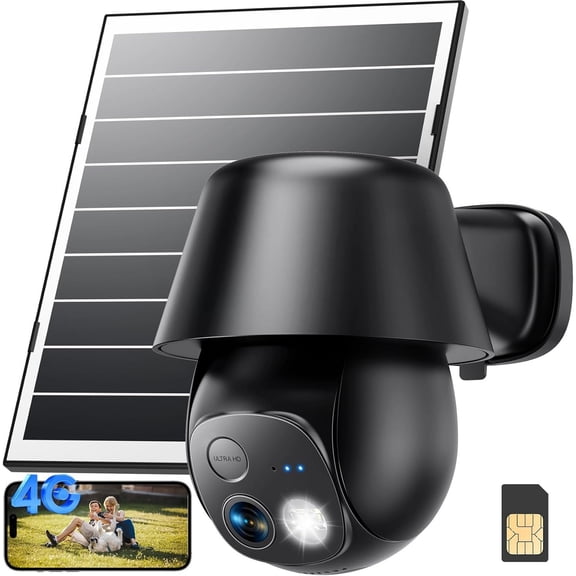4G LTE Cellular Solar Cameras Outdoor, No WiFi Ultra Solar Panel Camera, 24/7 Recording, Color Night Vision, 360?Pan Tilt, 2-Way Audio, AI Motion Detection, in SIM Card