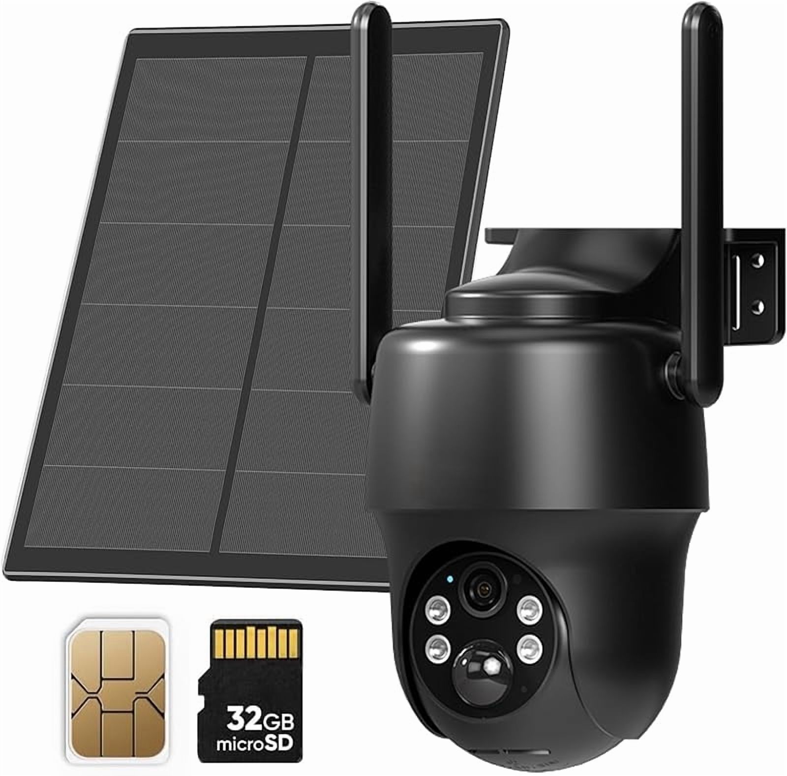 4G LTE Cellular Solar Security Camera Wireless Outdoor, No WiFi 2K Solar Powered Camera with 360 °   View, Color Night Vision, PIR Motion Detection, 2-Way Talk, Black, SIM & 32GB SD Card Included
