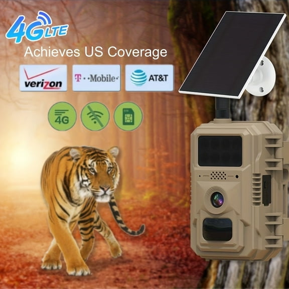  4G LTE Cellular Trail Camera Hunting Camera Game CAMO Solar Powered Battery, 4MP 2K Resolution, 70ft PIR Night Vision, 2-Way Audio, Send Pictures to Your Phone for Wildlife Monitoring and Hunting