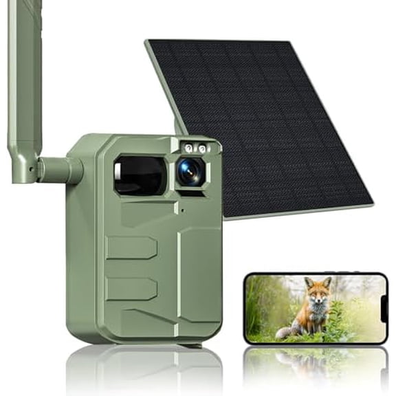 4G LTE Cellular Trail Camera, Solar Powered Wildlife Game Camera with 1080P HD Video & Night Vision, 0.3s Fast Trigger, Motion Activated, No WiFi Needed, IP66 Waterproof, SIM Card Included$$Other