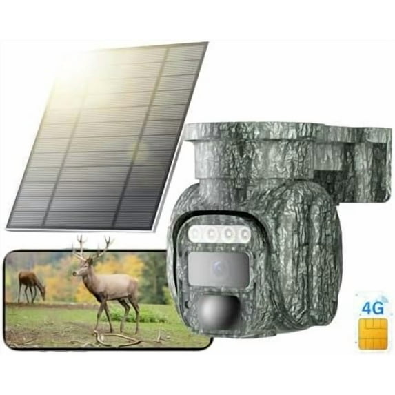 4G LTE Cellular Trail Camera Solar Wireless Outdoor, No WiFi Security Camera Built-in VSIM Card, Pan Tilt 355°View, 2K HD Solution, Full Color Night Vision, IP65 Waterproof Cameras for Wildlife