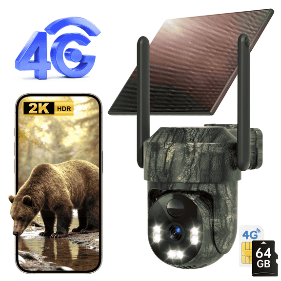 4G LTE Solar Trail Camera, Wildlife Hunting Camera, No WiFi Solar Powered Security Camera, 360° View Deer camera, 2K Live Streaming Game Camera, PIR Motion Activation, Night Vision, IP66