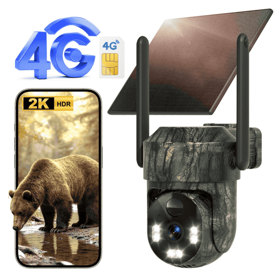 4G LTE Solar Trail Camera, Wildlife Hunting Camera, No WiFi Solar Powered Security Camera, 360° View Deer camera, 2K Live Streaming Game Camera, PIR Motion Activation, Night Vision, IP66
