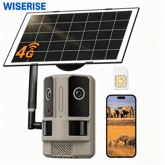 WISERISE 4G LTE Solar Security Camera, 1080P Outdoor Camera with 180 Wide View, PIR Motion Detection, Two-Way Audio, IP66 Waterproof