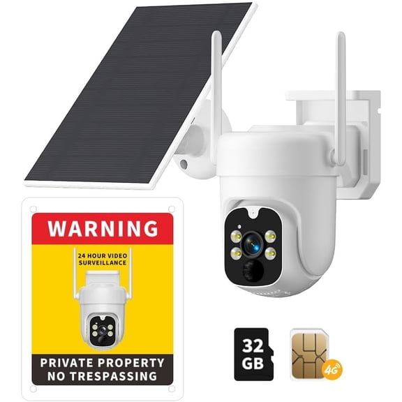 4G LTE Solar Camera - No WiFi Cellular Outdoor Camera with Color Night Vision, PIR Motion Detection, 2-Way Audio, Siren , SIM Card & 32GB SD Card Included