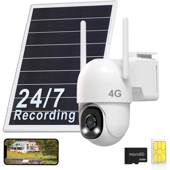 4G LTE Solar Cellular Camera Outdoor , 24/7 Continuous Recording, Auto , AI Detection, 15000mAh and 8W Solar Panel, with SIM Card and 32GB SD Card, No WiFi