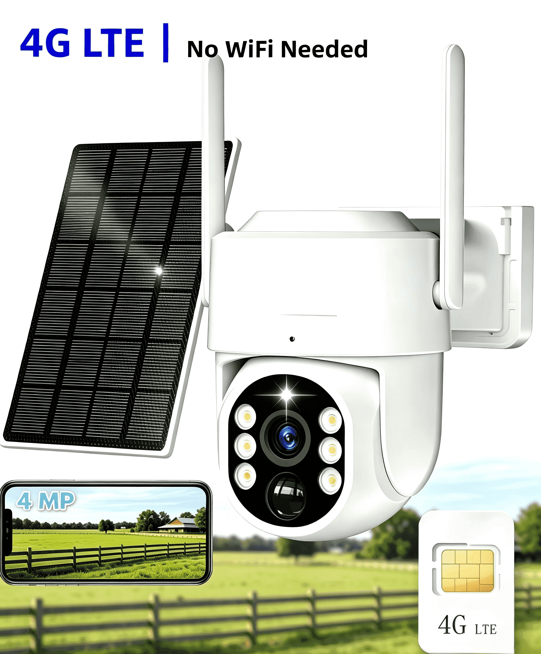 4G Solar Security Camera Wireless Outdoor, 2K QHD Pan Tilt No WiFi Needed, IP65 Waterproof with PIR Motion Detection Siren, 8000mAh Battery Powered for Farm Ran