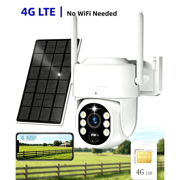 Generic 4G LTE Solar Security Camera Outdoor, No WiFi, 2K Video, Multi-Functional Night Vision, PIR AI, 2-Way Audio