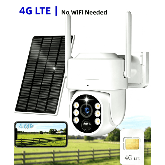 Generic 4G LTE Solar Security Camera Outdoor, No WiFi, 2K Video, Multi-Functional Night Vision, PIR AI, 2-Way Audio