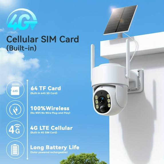 4G LTE Solar Security Camera Wireless Outdoor, No WiFi Needed, 360° Live View, 4MP Color Night Vision, PIR Motion Sensor, 2-Way Talk, Built-in SIM Card, Smartphone App Surveillance